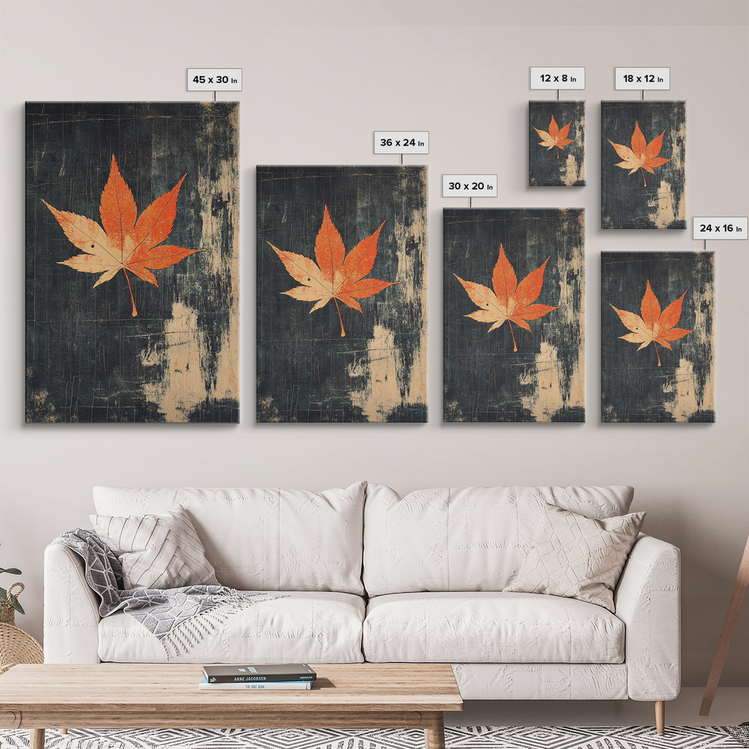 Orange Maple Leaf On Dark Texture Canvas Print, Autumn Wall Art, Botanical Print, Minimalist Decor, Nature Wall Art, Fall Decor