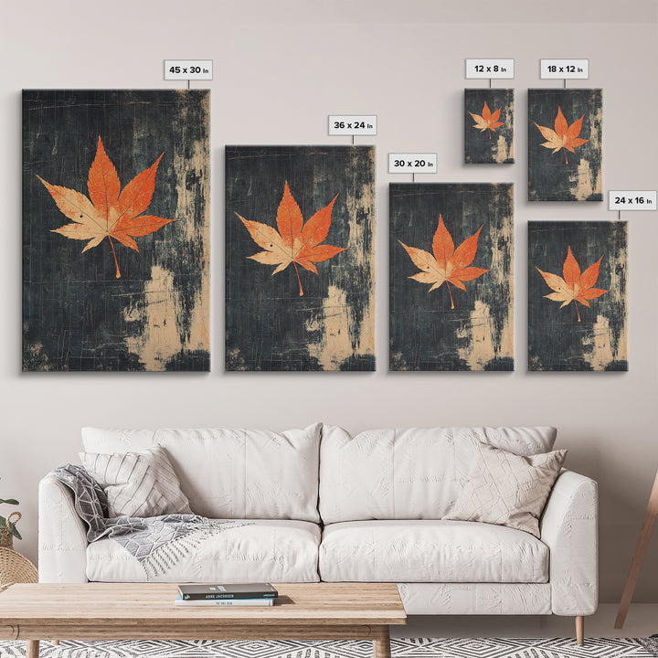 Orange Maple Leaf On Dark Texture Canvas Print, Autumn Wall Art, Botanical Print, Minimalist Decor, Nature Wall Art, Fall Decor