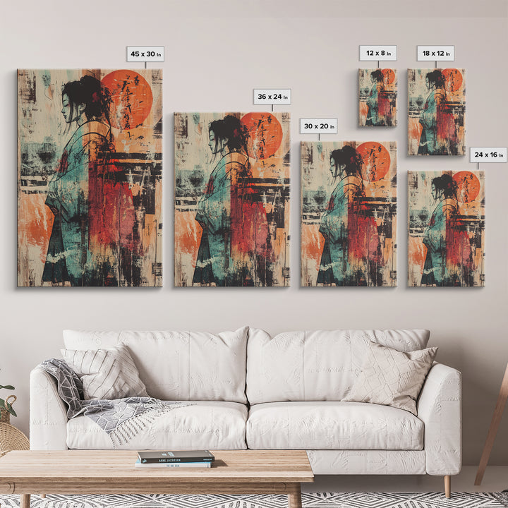 Abstract Kimono Woman With Red Sun Wall Art, Japanese Wall Art, Asian Inspired Decor, Feminine Wall Art, Modern Portrait Print