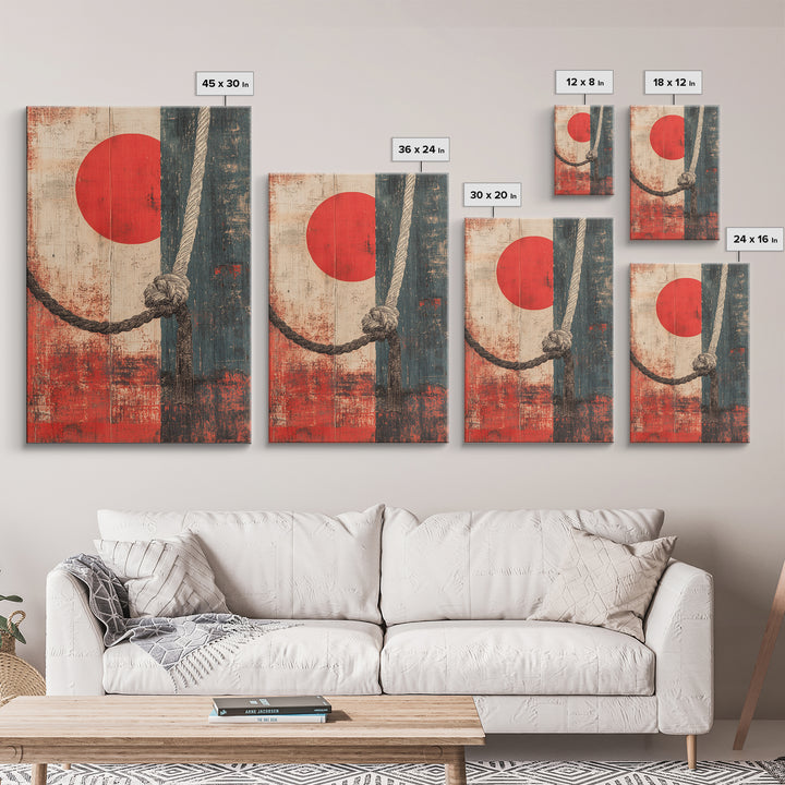 Nautical Rope Knot Wall Art, Red Sun Japanese Abstract Canvas Print, Coastal Decor, Masculine Office Wall Decor, Modern Home Decor