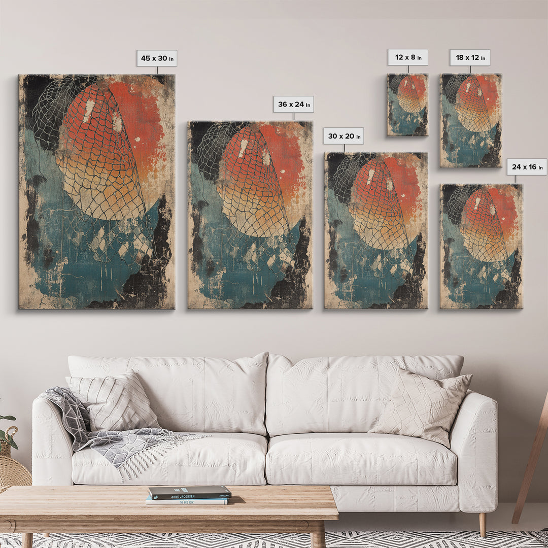 Fishing Net Abstract Wall Art, Red Sun Coastal Canvas Print, Nautical Wall Decor, Modern Rustic Home Decor, Beach House Decor