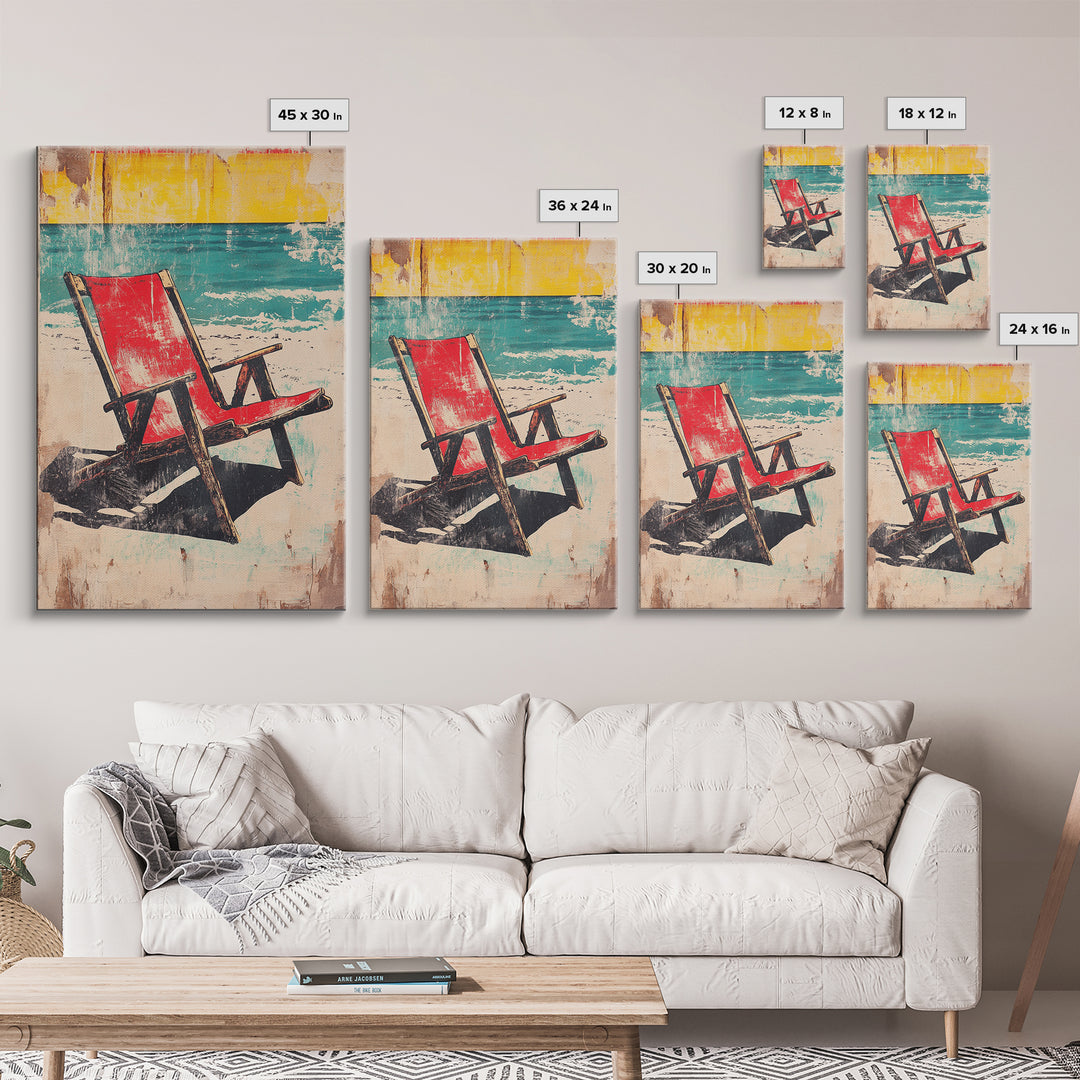 Red Beach Chair Wall Art, Turquoise Ocean Canvas Print, Retro Coastal Decor, Summer Beach House Gift For Her, Living Room Decor