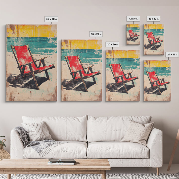 Red Beach Chair Wall Art, Turquoise Ocean Canvas Print, Retro Coastal Decor, Summer Beach House Gift For Her, Living Room Decor
