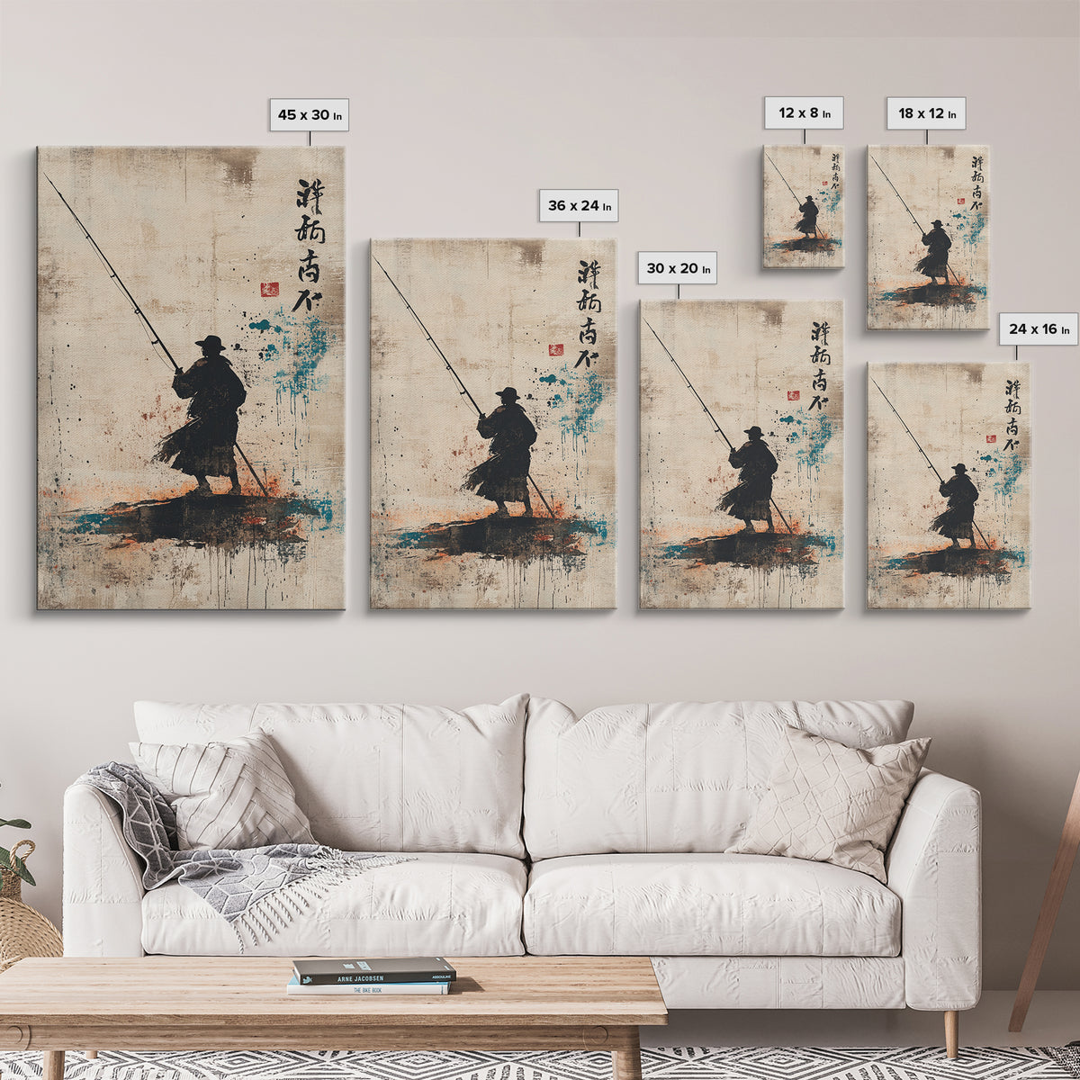 Silhouetted Fisherman Wall Art, Japanese Calligraphy Canvas Print, Minimalist Coastal Decor, Asian Ink Painting, Zen Home Decor