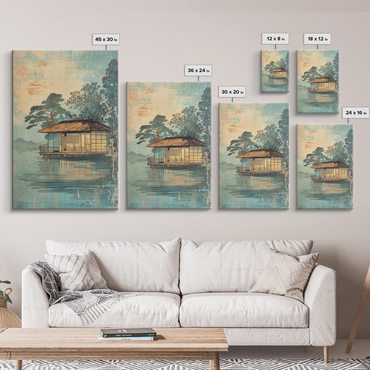 Misty Lakeside House Wall Art, Serene Japanese Landscape Canvas Print, Japandi Lake Decor, Neutral Living Room Art, Zen Home Decor