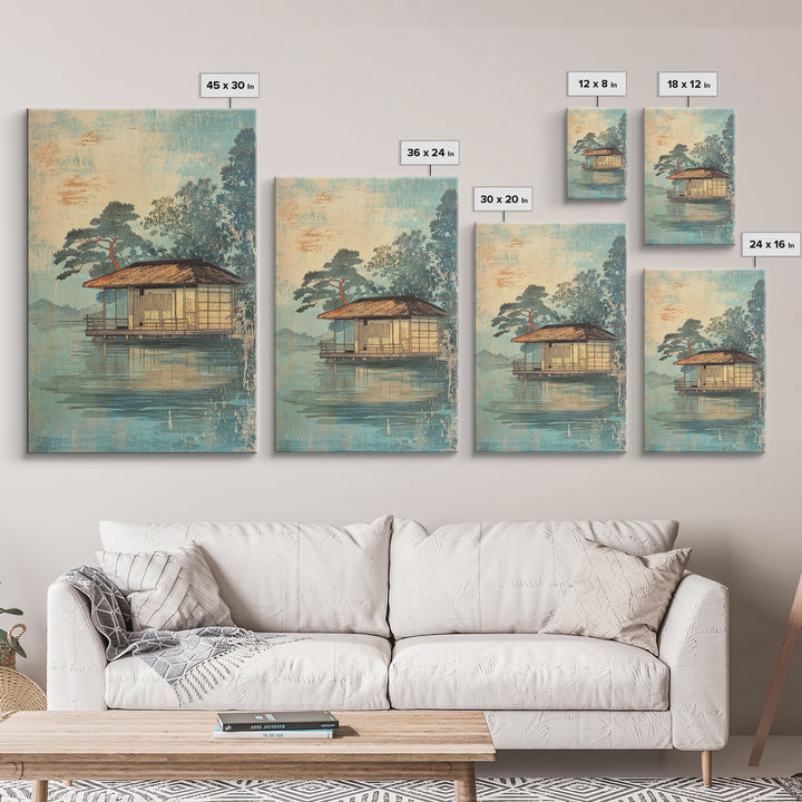 Misty Lakeside House Wall Art, Serene Japanese Landscape Canvas Print, Japandi Lake Decor, Neutral Living Room Art, Zen Home Decor