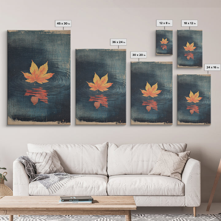 Floating Maple Leaf Wall Art, Dark Water Reflection Canvas Print, Japanese Autumn Decor, Minimalist Nature Art, Japandi Wall Decor