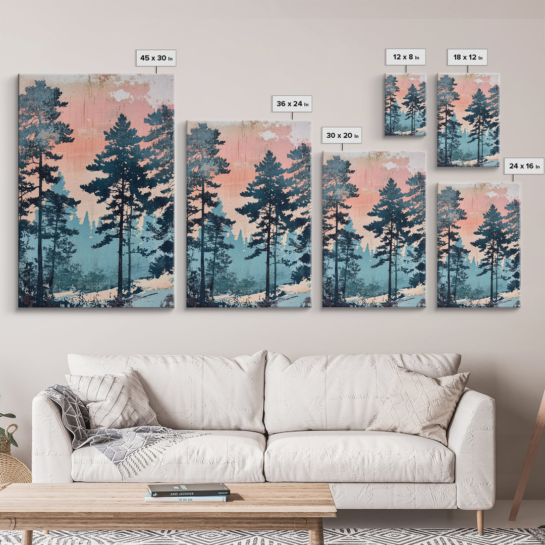 Misty Pine Forest Sunrise Wall Art, Pink Blue Nature Landscape Print, Scandinavian Decor, Calming Bedroom Or Office Decor