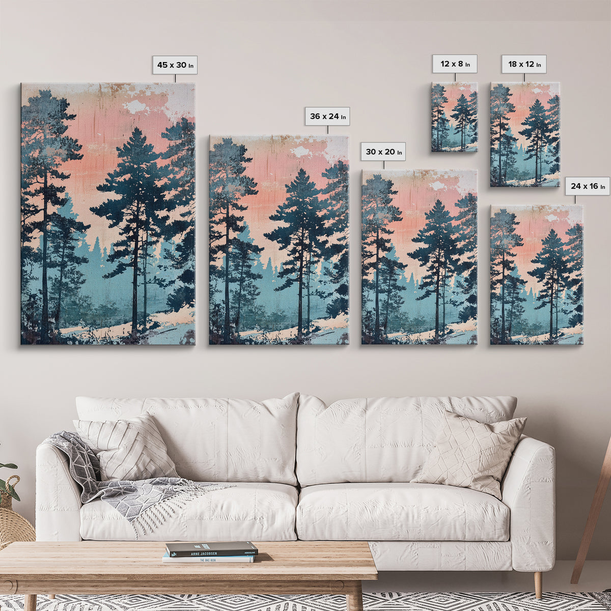 Misty Pine Forest Sunrise Wall Art, Pink Blue Nature Landscape Print, Scandinavian Decor, Calming Bedroom Or Office Decor