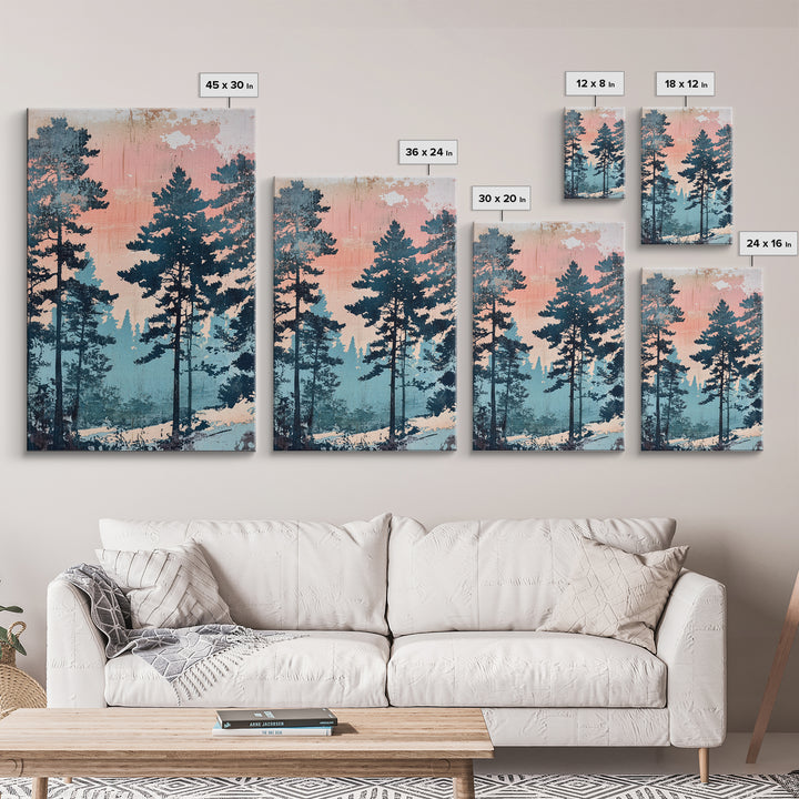 Misty Pine Forest Sunrise Wall Art, Pink Blue Nature Landscape Print, Scandinavian Decor, Calming Bedroom Or Office Decor