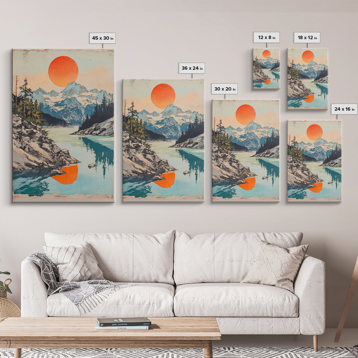 Alpine Lake And Snowy Mountains Wall Art, Orange Sun Landscape Print, Scandinavian Nature Decor, Large Canvas Print For Living Room