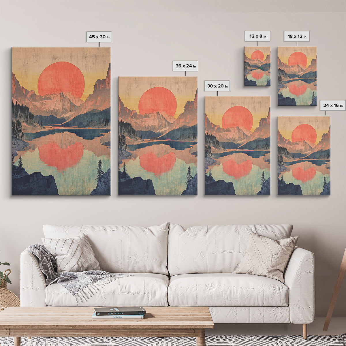Red Sun Mountain Lake Wall Art, Japanese Landscape Print, Retro Nature Poster, Scenic Living Room Decor, Large Canvas Art