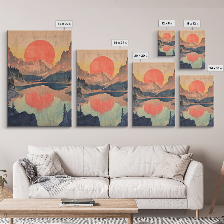 Red Sun Mountain Lake Wall Art, Japanese Landscape Print, Retro Nature Poster, Scenic Living Room Decor, Large Canvas Art