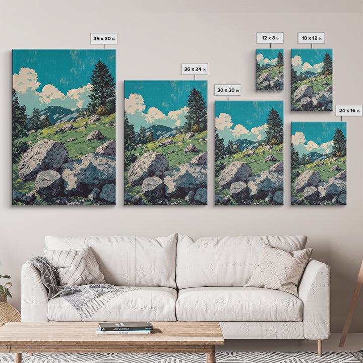 Alpine Meadow Boulder Wall Art, Mountain Landscape Print, Rustic Cabin Decor, Nature Poster, Large Canvas Art For Living Room