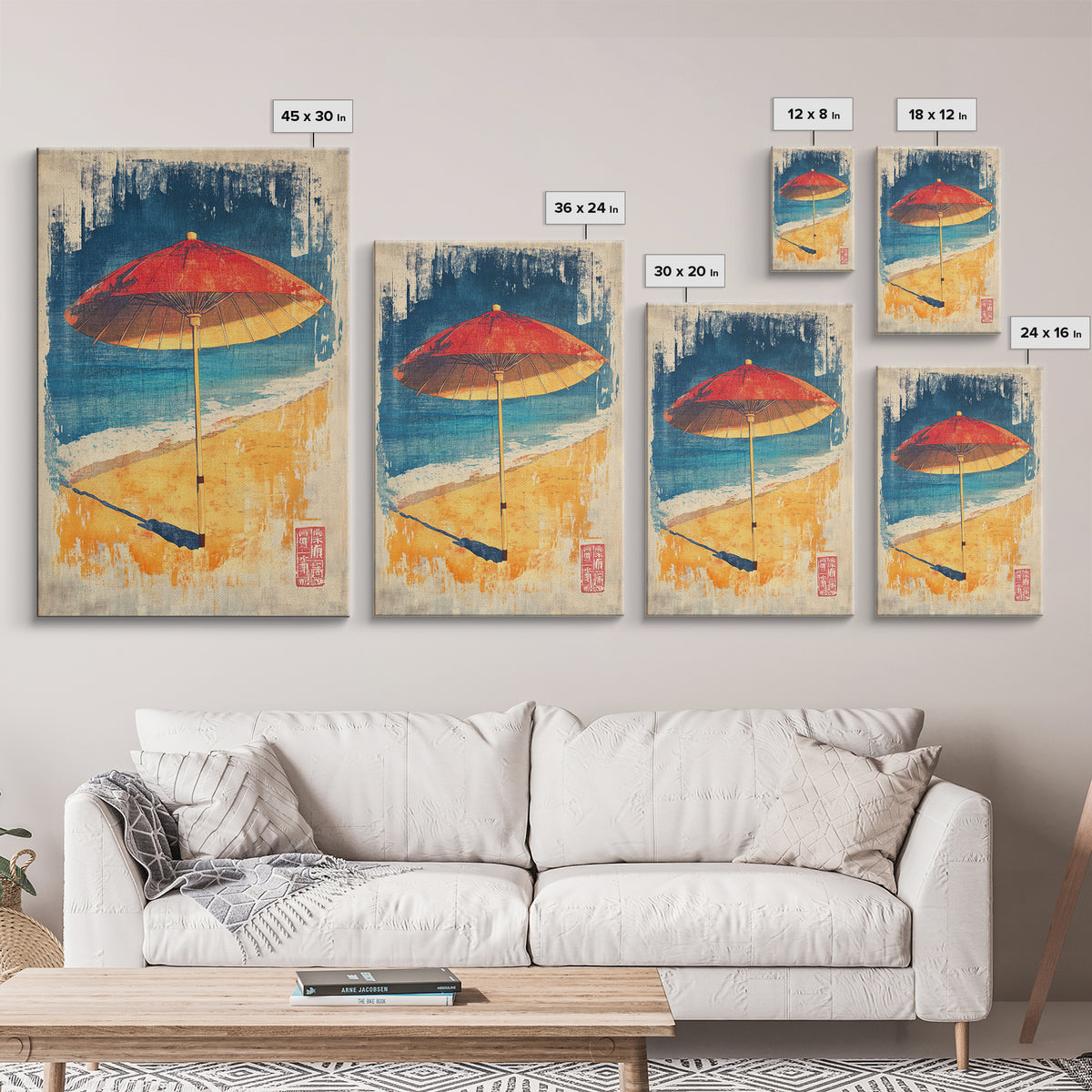 Red Beach Umbrella Canvas Print, Coastal Wall Art, Summer Beach House Decor, Tropical Ocean Poster, Bright Bathroom Wall Decor