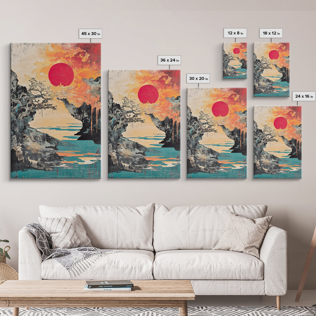 Dramatic Rocky Cove Sunset Red Sun Canvas Print, Japanese Mountain Landscape Art, Coastal Wall Decor, Modern Japandi Living Room Art