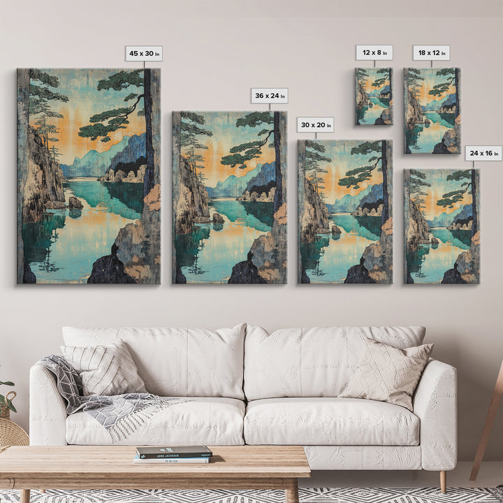 Turquoise Mountain Lake And Pine Cliffs Wall Art, Japanese Landscape Print, Serene Nature Decor, Japandi Calming Bedroom Art