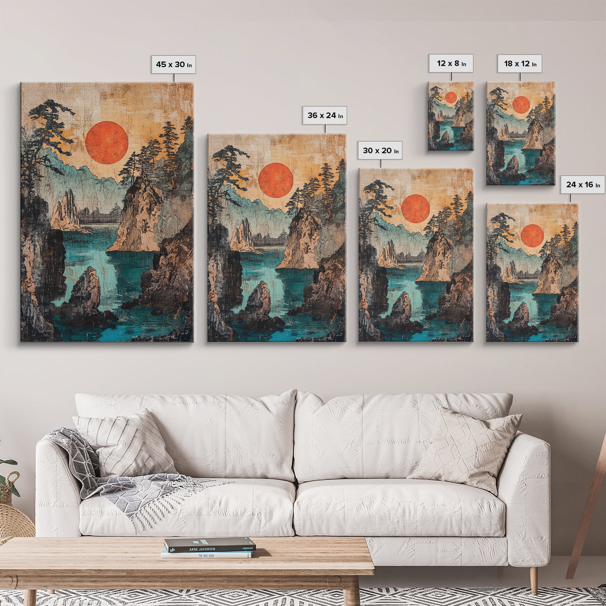 Red Sun Over Rugged Mountain Cove Framed Canvas Print, Japanese Landscape Art, Coastal Wall Decor, Large Living Room Art