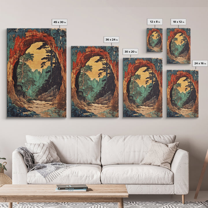 Cave Arch Forest Path And Mountain View Wall Art, Japanese Woodblock Style Print, Rustic Japandi Decor, Statement Artwork