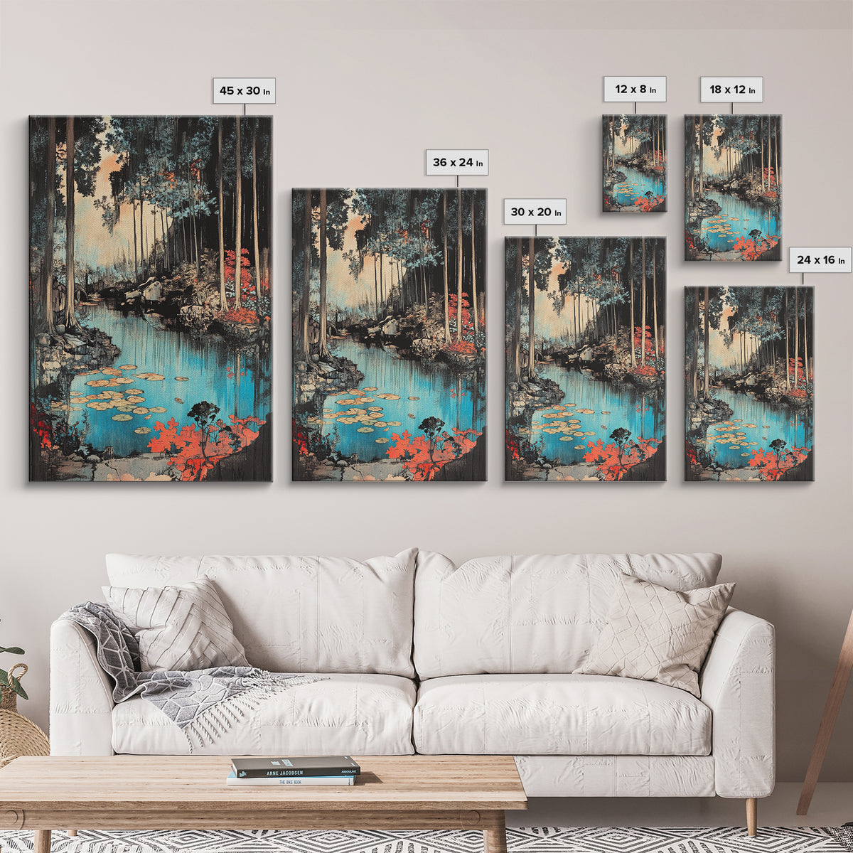 Forest Pond With Lily Pads And Red Foliage Canvas Print, Japanese Nature Wall Art, Moody Woodland Wall Decor For Bedroom