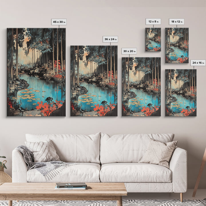 Forest Pond With Lily Pads And Red Foliage Canvas Print, Japanese Nature Wall Art, Moody Woodland Wall Decor For Bedroom