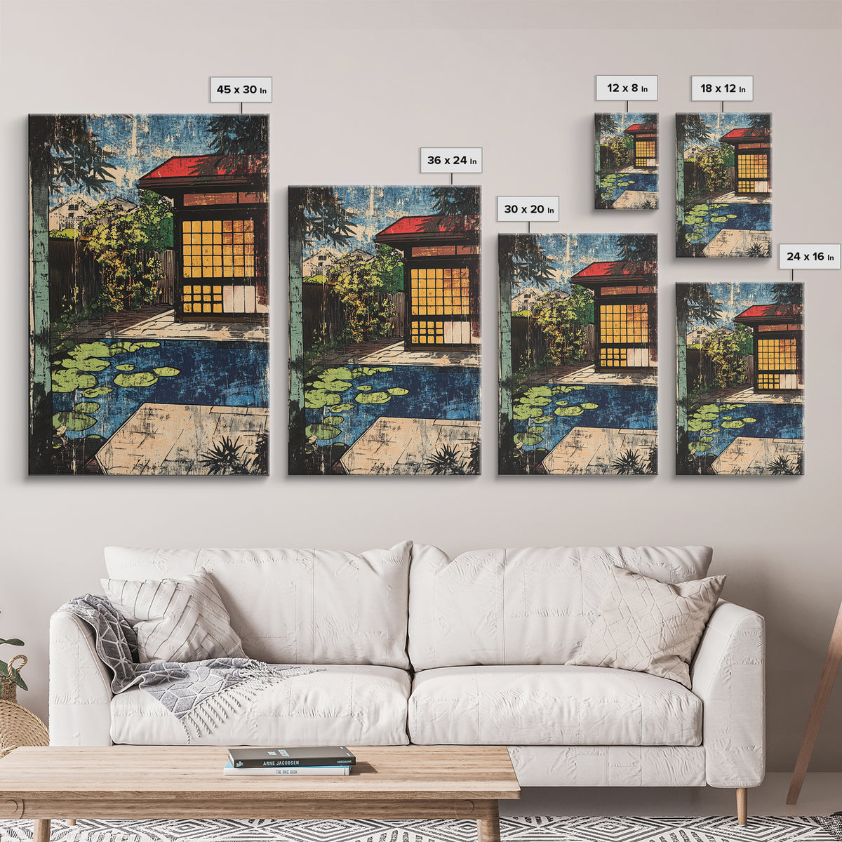 Japanese Tea House By Koi Pond And Glowing Garden Wall Art, Japandi Canvas Print, Zen Home Decor, Serene Living Room Decor
