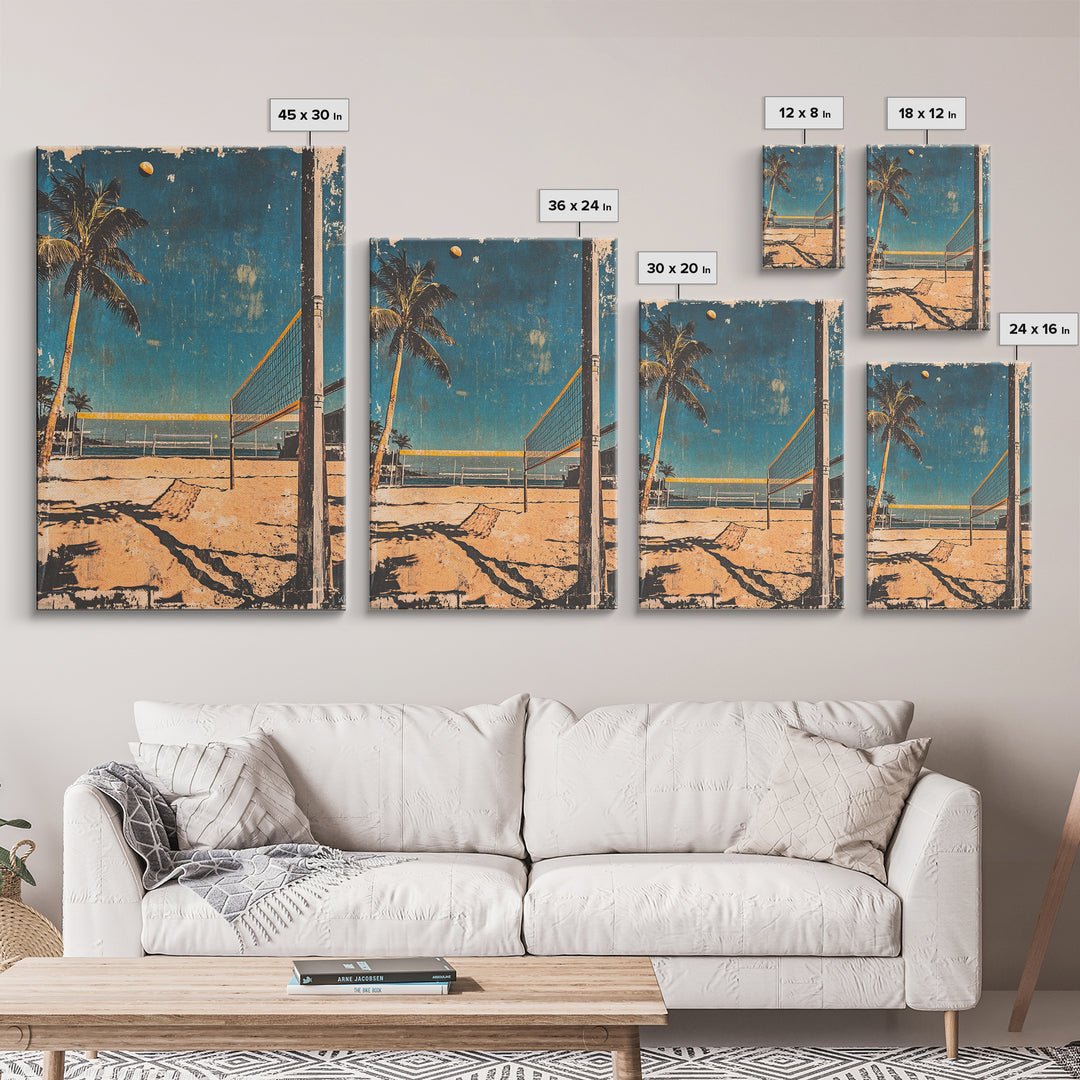 Beach Volleyball Court With Palm Tree And Ocean Wall Art, Tropical Coastal Canvas Print, Summer Decor For Modern Beach House