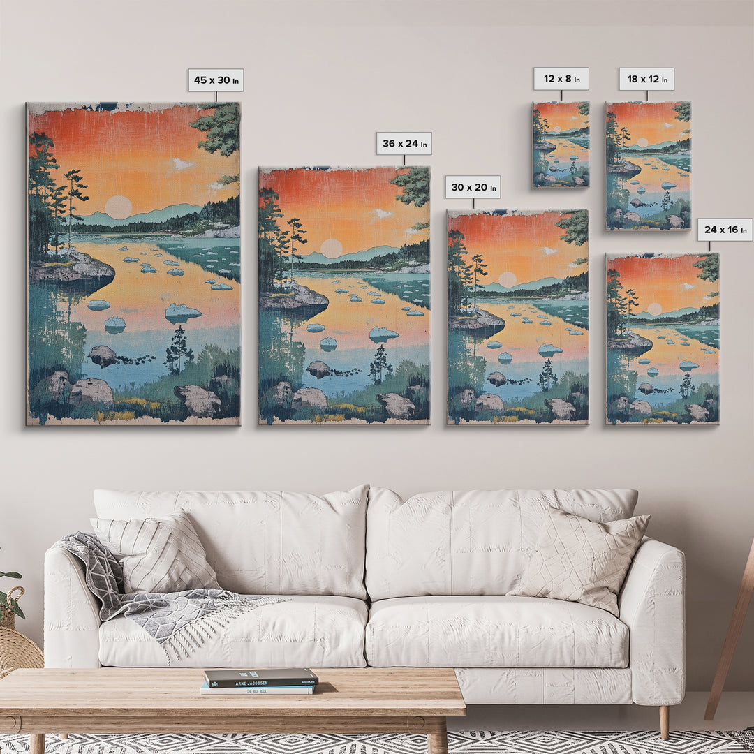 Orange Sunset Lake Landscape Canvas Print, Mountain Wall Art, Japandi Nature Print, Cabin Decor, Living Room Wall Art, Housewarming Gift
