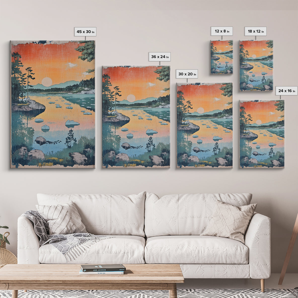 Orange Sunset Lake Landscape Canvas Print, Mountain Wall Art, Japandi Nature Print, Cabin Decor, Living Room Wall Art, Housewarming Gift