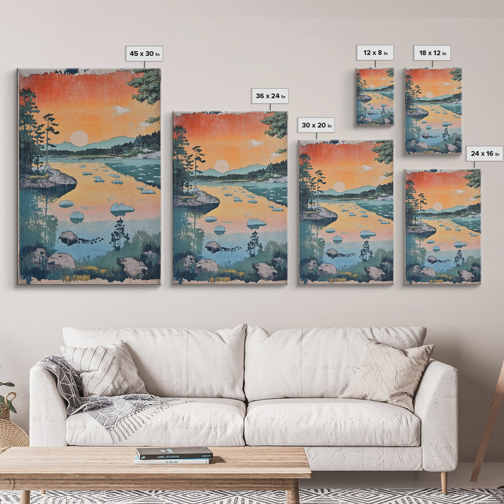 Orange Sunset Lake Landscape Canvas Print, Mountain Wall Art, Japandi Nature Print, Cabin Decor, Living Room Wall Art, Housewarming Gift