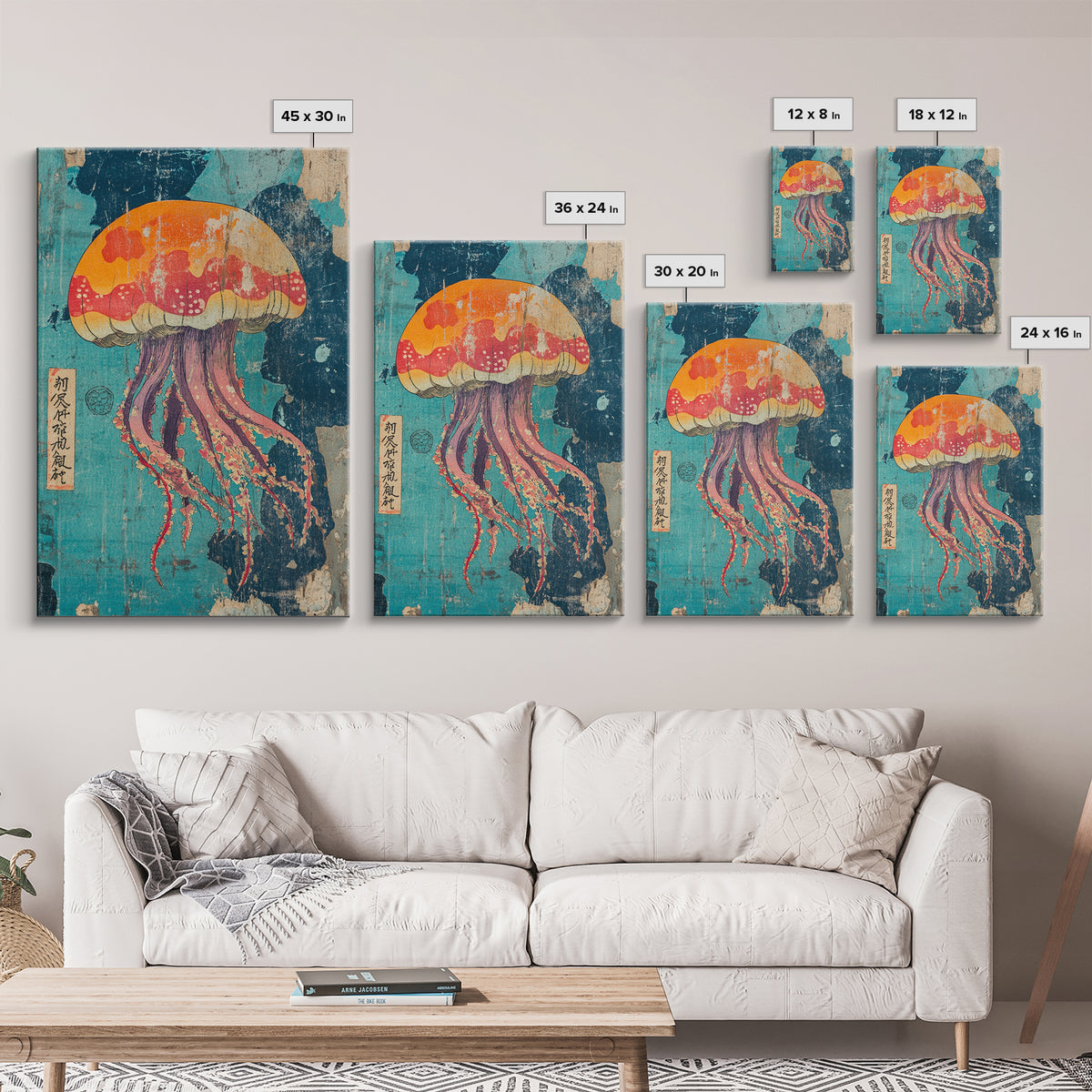 Vibrant Jellyfish In Teal Sea Wall Art, Japanese Marine Life Canvas Print, Nautical Bathroom Decor, Colorful Ocean Art Print
