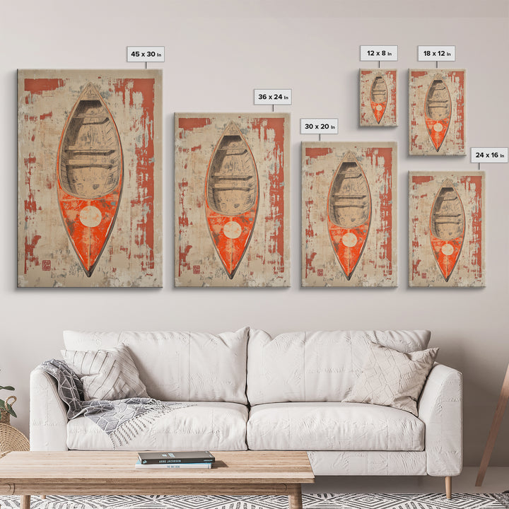 Red Canoe From Above Wall Art, Rustic Boat Canvas Print, Nautical Lake House Decor, Minimalist Coastal Gift For Him, Home Decor