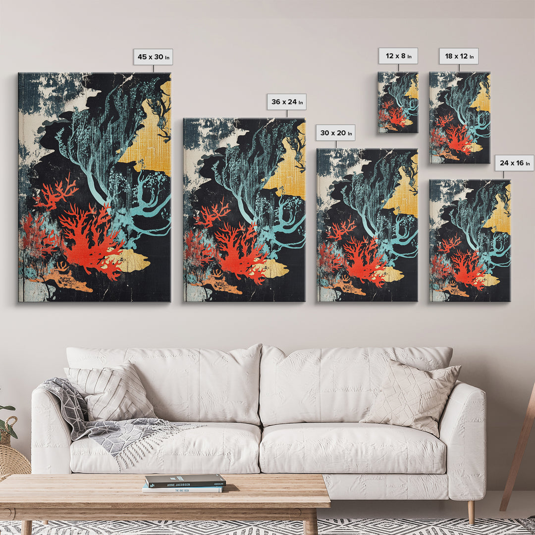 Red Coral And Teal Seaweed Wall Art, Japanese Ocean Canvas Print, Coastal Bathroom Decor, Abstract Marine Life Art Print