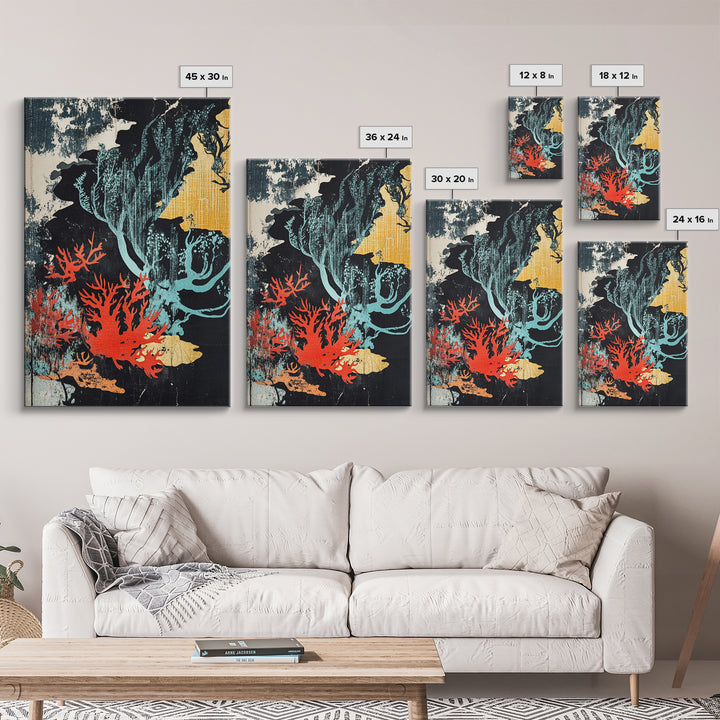 Red Coral And Teal Seaweed Wall Art, Japanese Ocean Canvas Print, Coastal Bathroom Decor, Abstract Marine Life Art Print