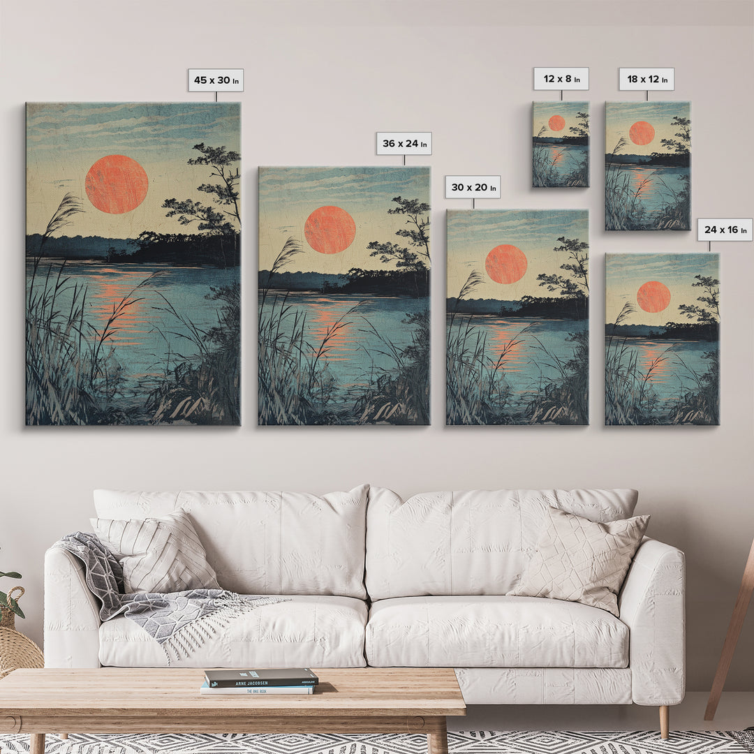 Quiet Lake Sunset With Reeds Wall Art, Japanese Landscape Canvas Print, Tranquil Coastal Decor, Serene Nature Fine Art Print