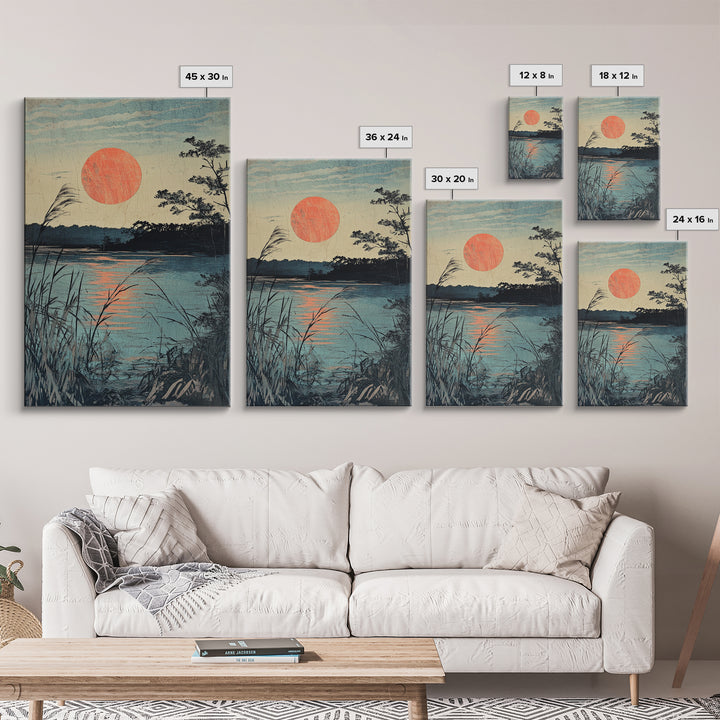 Quiet Lake Sunset With Reeds Wall Art, Japanese Landscape Canvas Print, Tranquil Coastal Decor, Serene Nature Fine Art Print