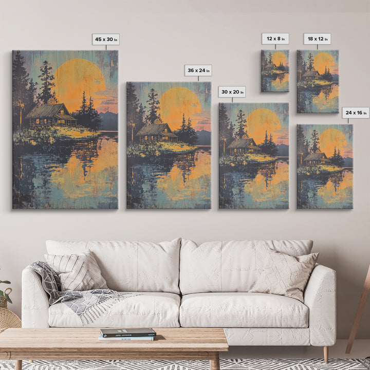 Moonlit Cabin Lake Wall Art, Forest Reflection Canvas Print, Rustic Landscape Poster, Cozy Lodge Living Room Decor, Home Decor