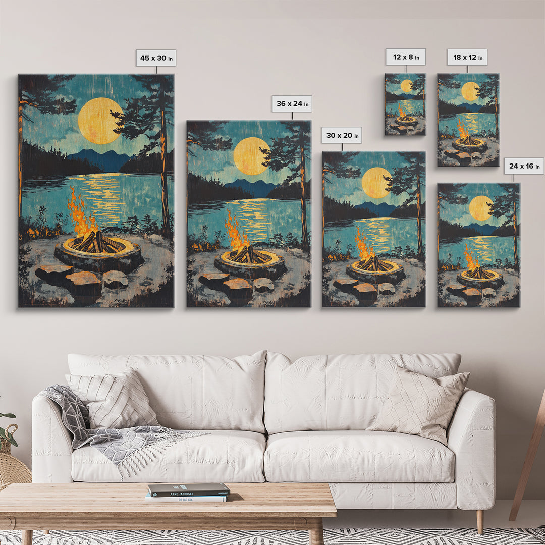 Campfire Moon Lake Canvas Print, Rustic Cabin Wall Art, Forest Landscape Poster, Cozy Camping Decor Gift For Him, Man Cave Decor