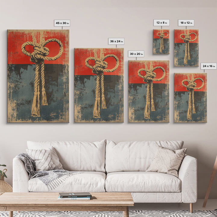 Nautical Rope Knot Canvas Print, Rustic Red And Blue Coastal Wall Decor, Maritime Art Print For Beach House And Man Cave