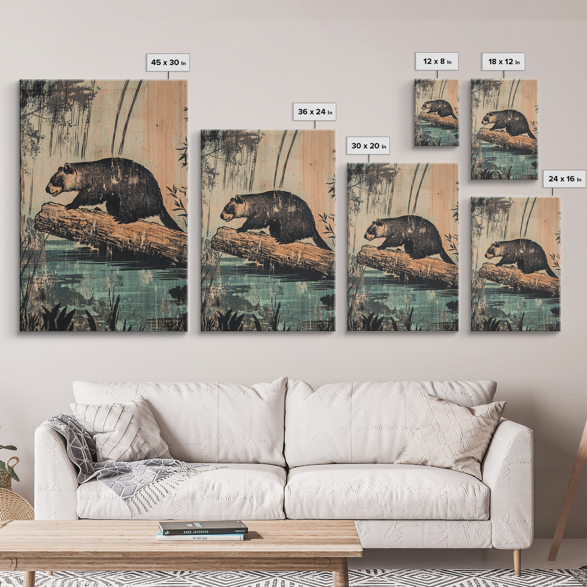 Black Bear On Log Wall Art, Rustic Wildlife Painting Style, Woodland Animal Decor, Cabin Nature Art Print For Living Room