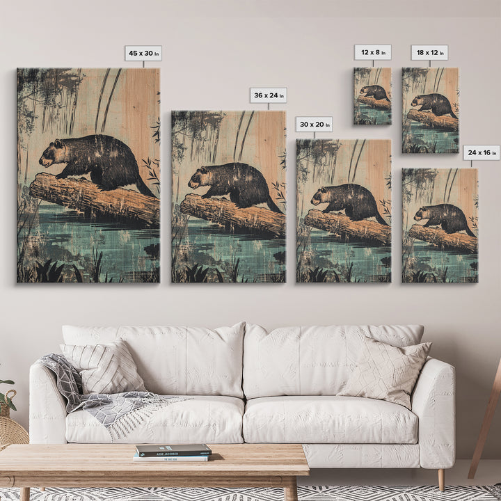 Black Bear On Log Wall Art, Rustic Wildlife Painting Style, Woodland Animal Decor, Cabin Nature Art Print For Living Room