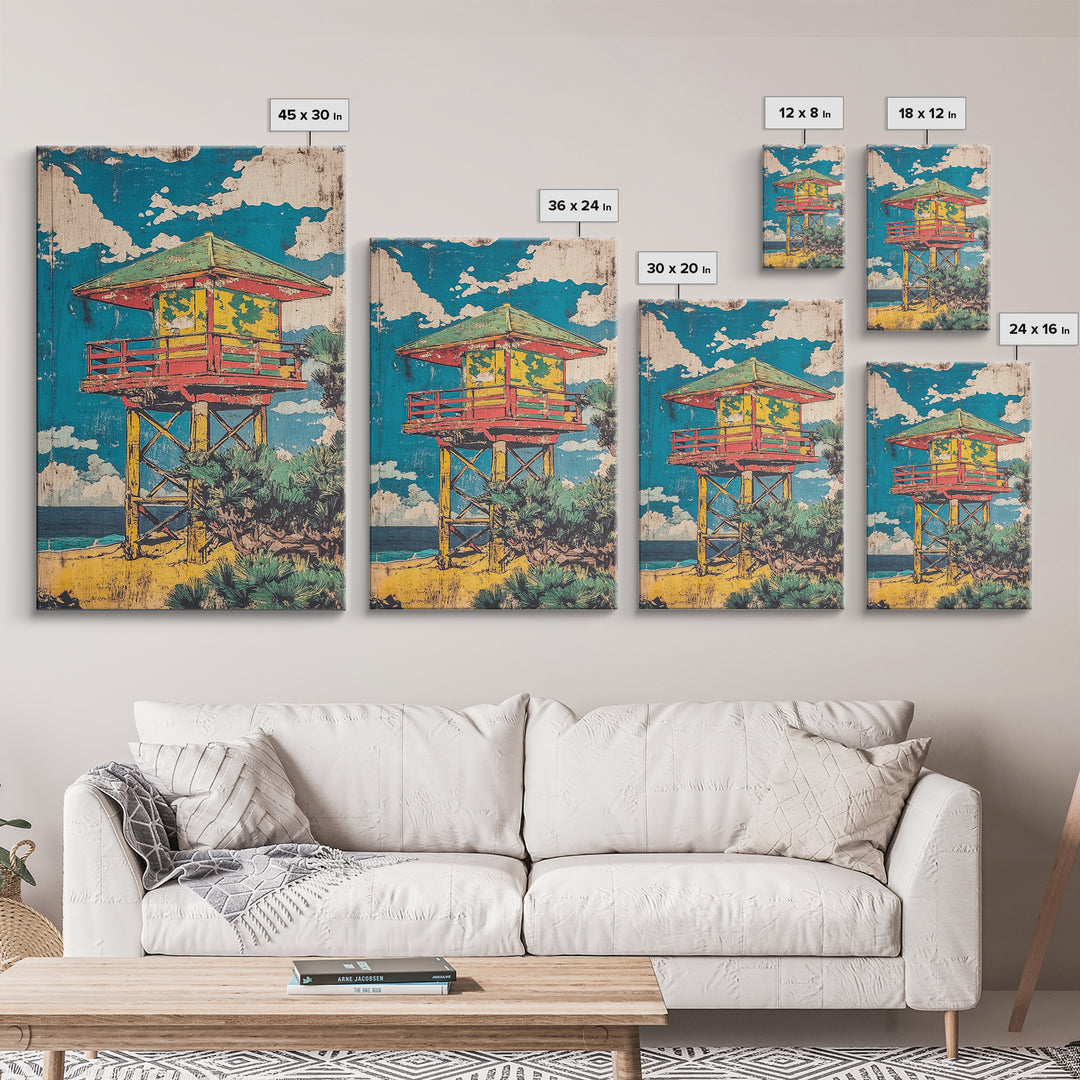 Colorful Beach Lifeguard Tower Wall Art, Retro Coastal Travel Poster, Tropical Ocean Decor, Summer Beach House Art Print
