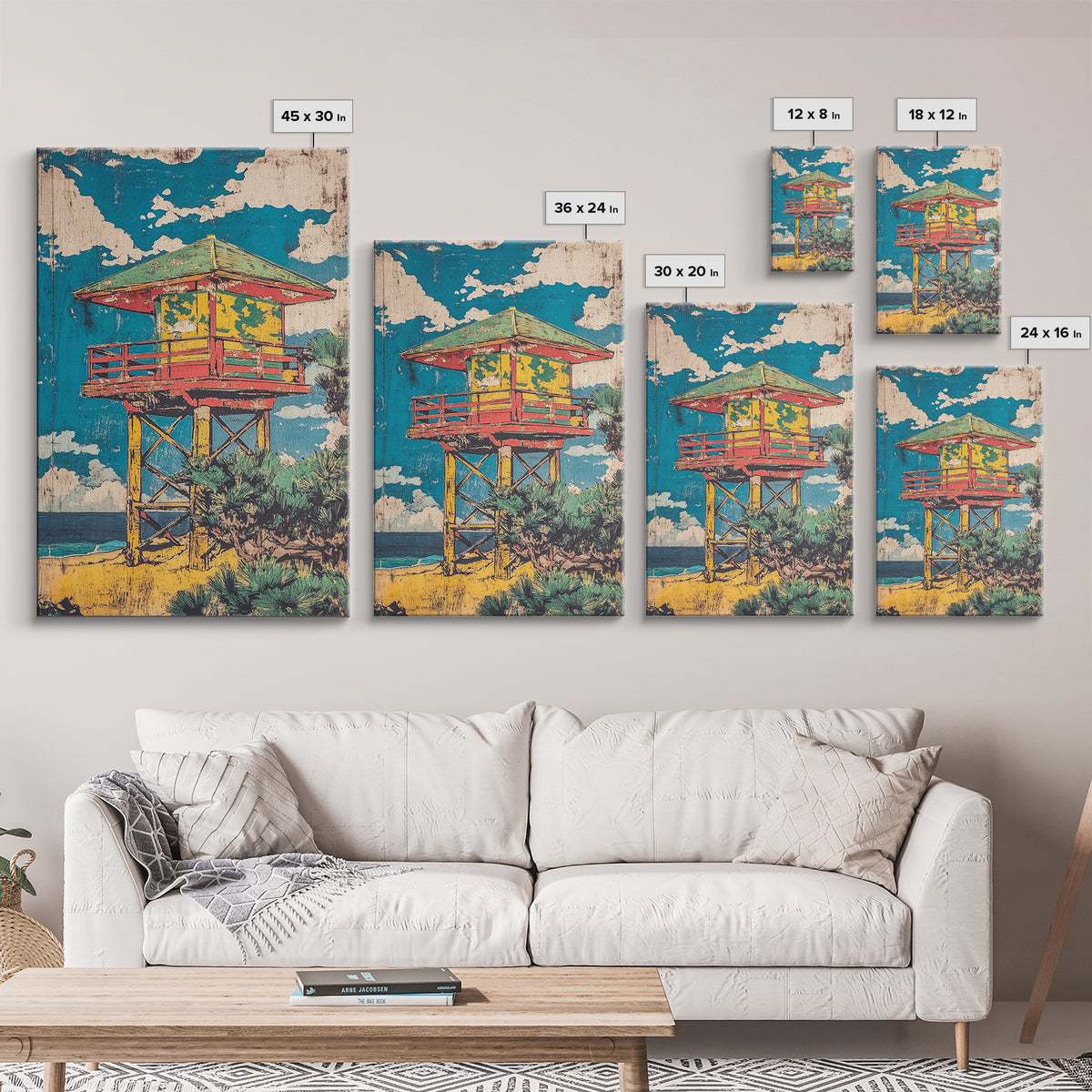 Colorful Beach Lifeguard Tower Wall Art, Retro Coastal Travel Poster, Tropical Ocean Decor, Summer Beach House Art Print