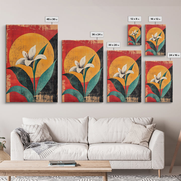 White Lily Flower Canvas Print, Bold Red Yellow Botanical Wall Decor, Mid Century Floral Art Print For Modern Living Room