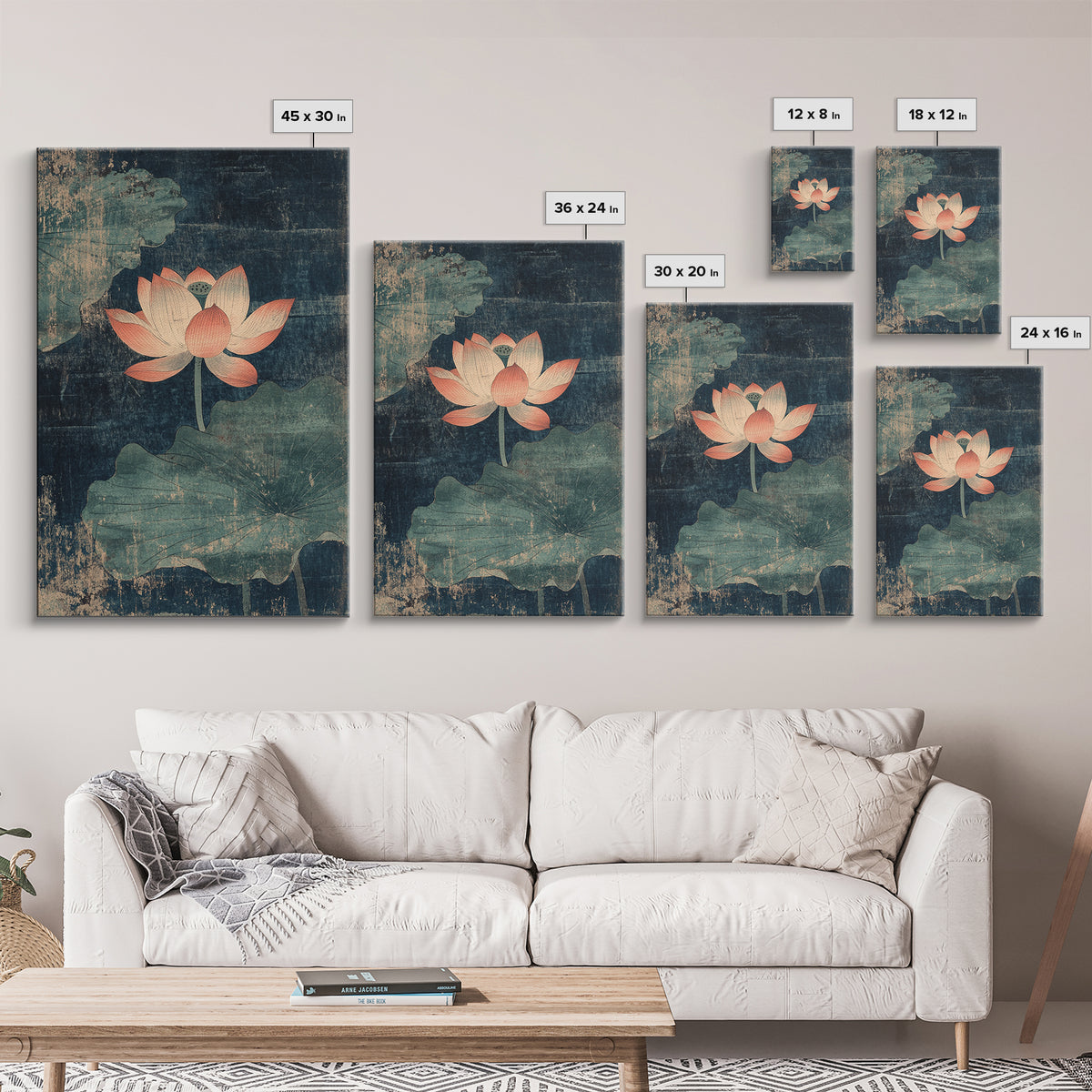 Pink Lotus Pond Wall Art, Dark Teal Botanical Canvas Print, Zen Water Lily Decor, Asian Inspired Spa And Meditation Room