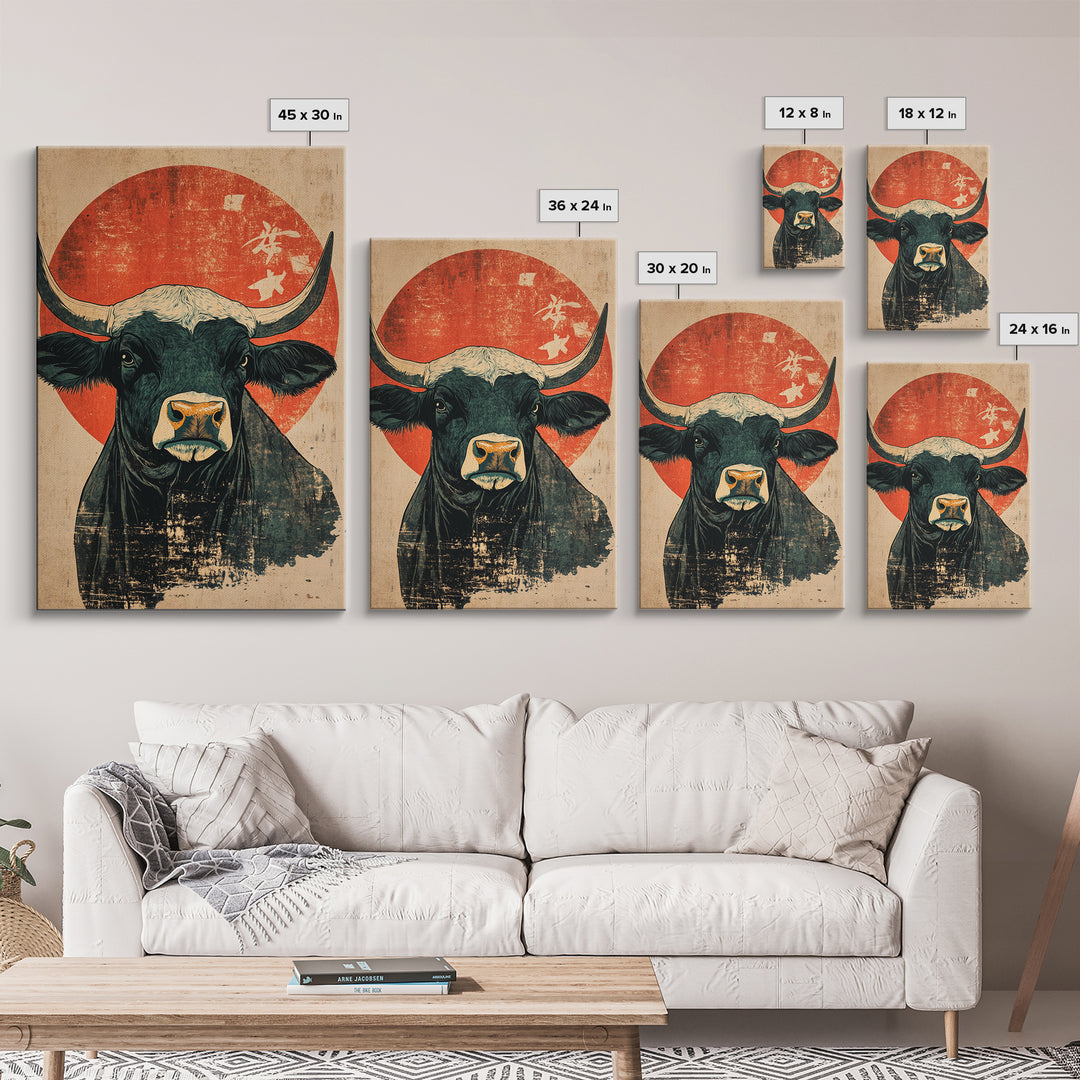 Black Bull Red Sun Canvas Print, Rustic Farm Animal Wall Art, Western Japandi Decor, Bold Kitchen Art, Housewarming Gift