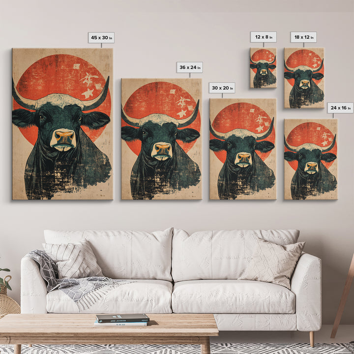 Black Bull Red Sun Canvas Print, Rustic Farm Animal Wall Art, Western Japandi Decor, Bold Kitchen Art, Housewarming Gift