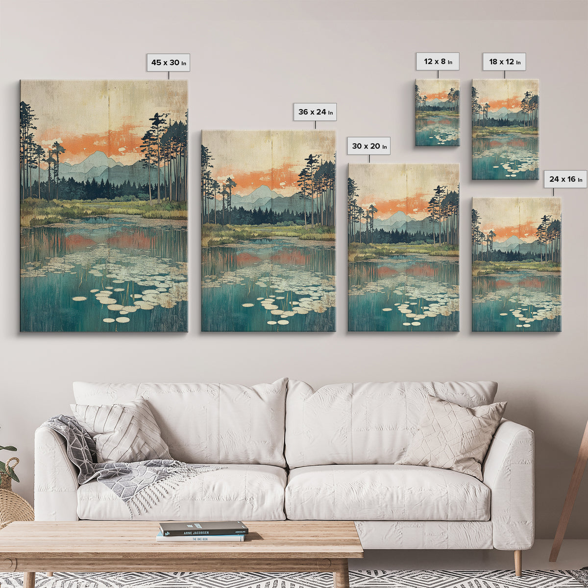 Mountain Lake Lily Pads Framed Canvas Print, Serene Landscape Wall Art, Japandi Nature Decor, Living Room Home Decor, Office Wall Art