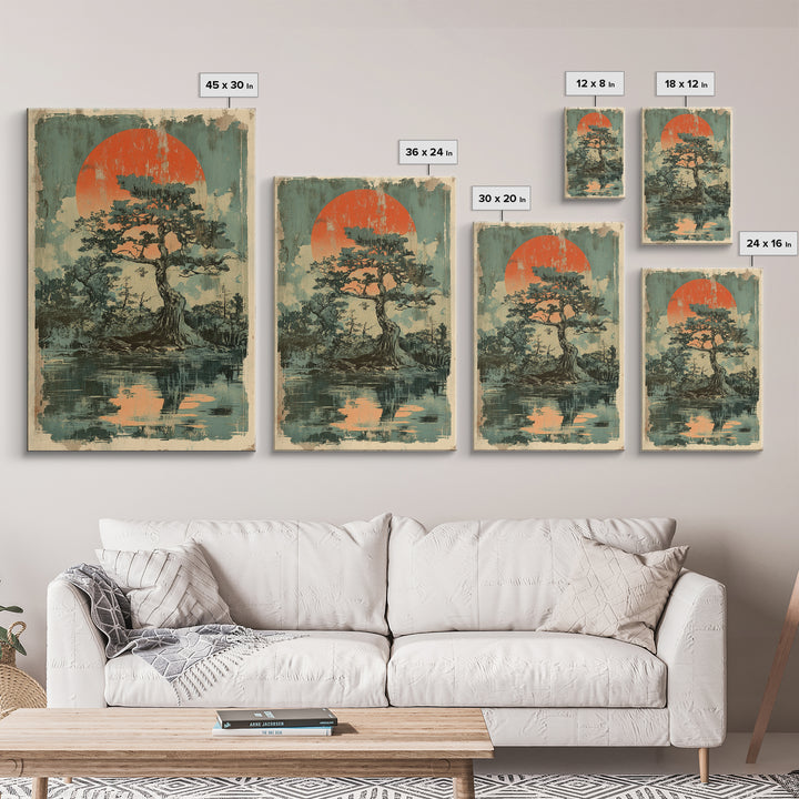 Pine Tree Island Red Sun Wall Art, Moody Japanese Landscape Print, Japandi Lake Decor, Serene Nature Framed Canvas Print