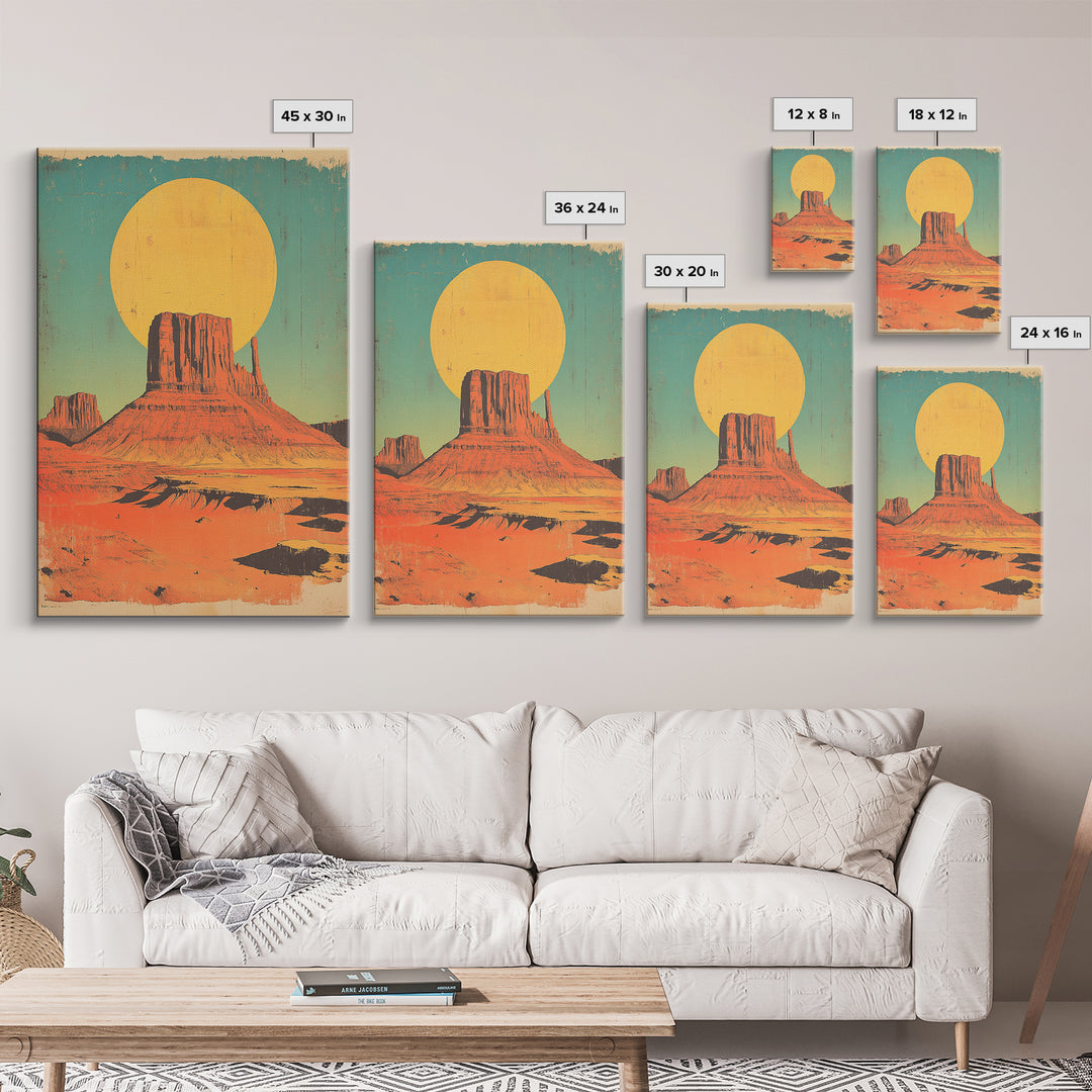 Desert Mesa With Golden Sun Canvas Print, Southwestern Wall Art, Retro Western Landscape Poster, Boho Earth Tone Decor Gift